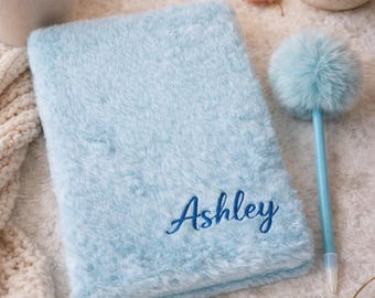Personalized Fluffy Journal with Pom Pom Pen Graduation Gift for Teen Girl – Cute Plush Notebook, Kawaii Pastel Anti Stress Diary