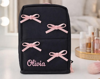 Neceser personalizado Coquette, organizador de cosméticos con nombre personalizado, neceser de viaje con lazo, neceser adorable