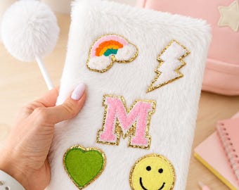 Personalized Back to School Gift for Girl, Custom Fuzzy Journal with Pom Pom Pen, First Day of School Notebook with Patch