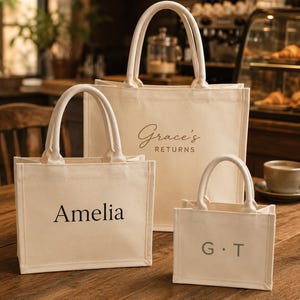 Personalized Canvas Tote Bag, Custom Name Tote, Minimalist White Canvas Bag, Monogram Tote, Custom Text Bag, Mini to Oversized, Gift for Her