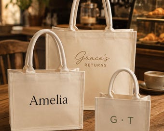 Personalized Canvas Tote Bag, Custom Name Tote, Minimalist White Canvas Bag, Monogram Tote, Custom Text Bag, Mini to Oversized, Gift for Her