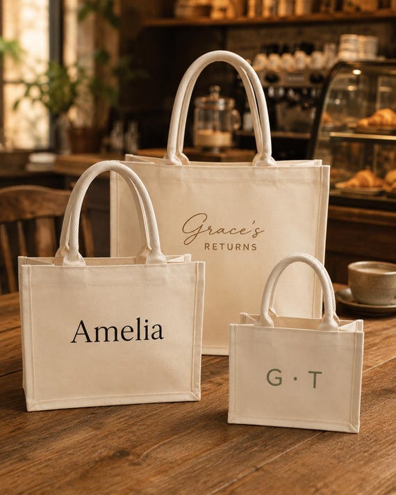Personalized Canvas Tote Bag, Custom Name Tote, Minimalist White Canvas Bag, Monogram Tote, Custom Text Bag, Mini to Oversized, Gift for Her
