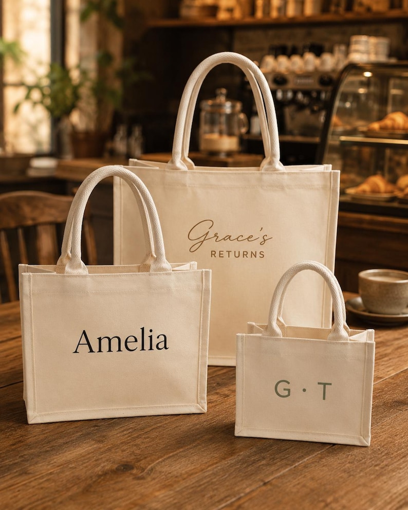 Personalized Canvas Tote Bag, Custom Name Tote, Minimalist White Canvas Bag, Monogram Tote, Custom Text Bag, Mini to Oversized, Gift for Her