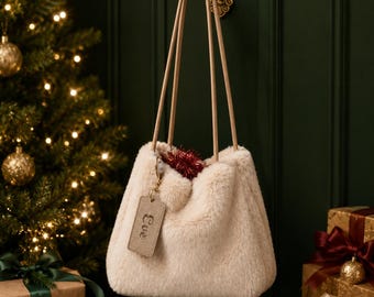 Christmas Gift for Her, Personalized Faux Fur Shoulder Bag, Fluffy Winter Purse with Custom Leather Name Tag