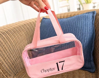 Personalized Birthday Makeup Bag, Custom Name & Age Pink Semi-Clear Travel Pouch