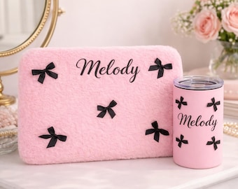 Personalized Tumbler & Tablet Sleeve Set – Back to School Gift for Student, Plush Bow Custom Name Cup and 12 Inch iPad Case