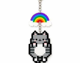 Cutie Pixel Art Keychain | Kitten Perler Bead Charm | Rainbow Cat Keychain | Made for Backpack - Water Bottle Charm | Handmade Hama Bead