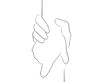 Könnte beinhalten: Minimalistische Strichzeichnung von zwei Händen, eine hält ein Kreuz und die andere ist ausgestreckt. Das Bild ist eine einfache Illustration, bei der die Hände und das Kreuz mit schwarzen Linien auf weißem Hintergrund dargestellt werden. Das Kreuz befindet sich oben.