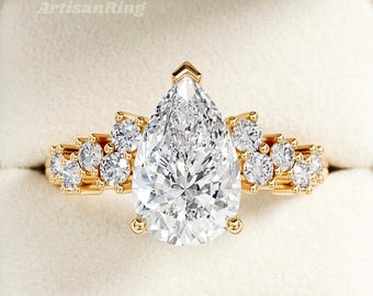 2.8CT Pear Cut Moissanite Engagement Ring, Hidden Halo Teardrop Bridal Ring, Vintage Inspired Art Deco Solitaire Ring, Promise Ring for Her