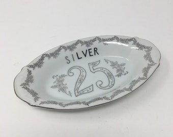 A beautiful oval dish by Arnart Creations Japan celebrating the 25th or Silver wedding anniversary silver anniversary gift wedding