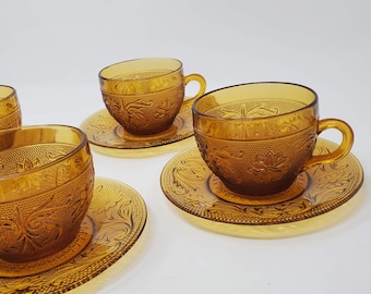 Beautiful set of vintage glass Tiara Indiana glass 4 cup and saucer set decor Unique glass Amber daisy sandwich glass Grand Millennial decor