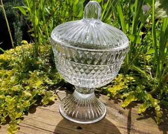 Vintage glass candy dish with lid pedestal dish apothecary dish nut dish glass decor display dish centerpiece wedding decor