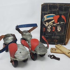 Fantastic vintage Roller Skates metal adjustable original key and box 1950's childhood memorabilia Sears skate key roller rink