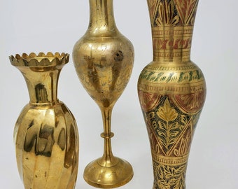 3 Large Brass vintage vases graceful curves perfect vintage flea market decor etched India Made flutter vase