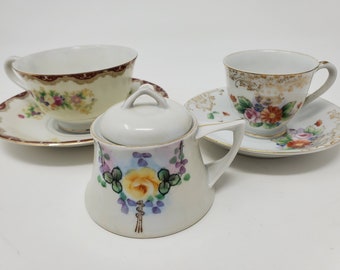 Vintage Cottage Chic Tea Set: Teacups, Saucer, Sugar Bowl