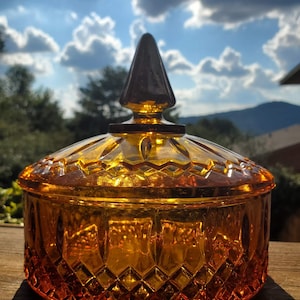 Candy Dish Vintage glass Grandma Chic decor Unique glass dish Trinket dish Amber glass Diamond cut Grand Millennial decor