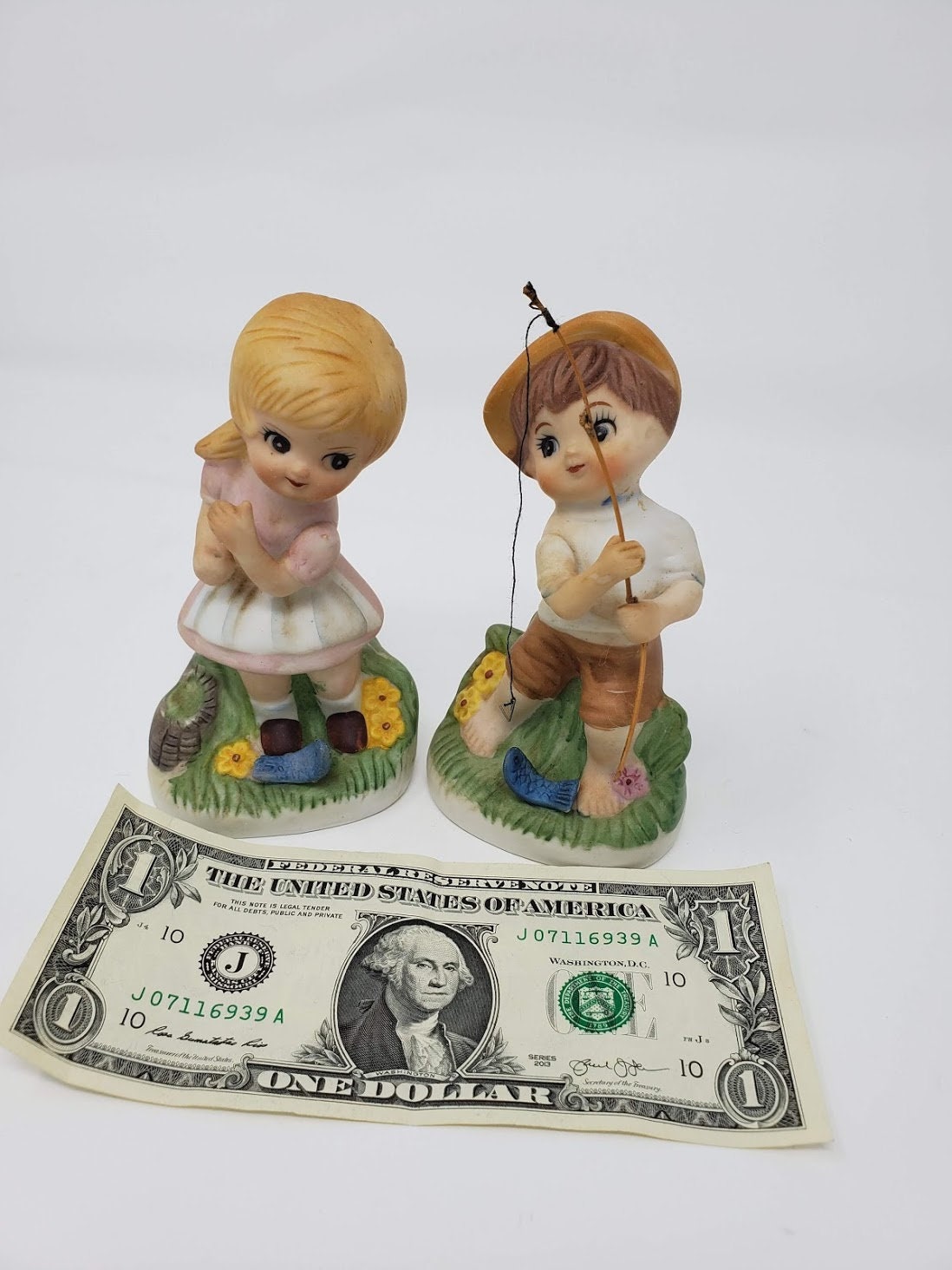 Vintage Pair of Made in Korea Fishing Girl & Boy Bisque Porcelain Figurines  