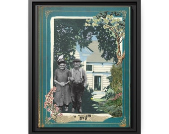 Farmhouse couple | decorative wall art, vintage mixed media collage on canvas with black frame