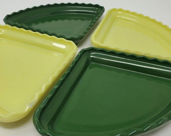 MCM Avocado Green Lemon Yellow Vintage Milk Glass Hazel Atlas 4 piece triangle serving set insert trays hors d 'oeuvres  fish toothpick hold