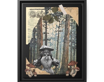 The Photographer and the mushrooms | decorative wall art, vintage mixed media collage on canvas with black frame