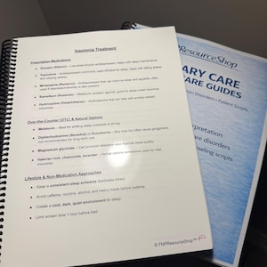 May include: A spiral-bound document titled Insomnia Treatment, listing prescription medications, over-the-counter options, and lifestyle approaches. A second document labelled ResourceShop Primary Care Guides is partially visible underneath the main page.
