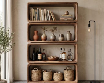 Handmade Mid-Century Modern Walnut Bookshelf, Organic Curved Wood Display Shelf, Minimalist Rounded Open Bookcase, Scandi Style Room Divider
