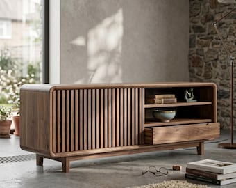 Handmade Walnut TV Stand with Slatted Sliding Doors, Mid-Century Modern Media Console, Curved Solid Wood Entertainment Center, Japandi
