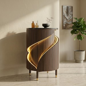 Unique Illuminated Cylinder Bar Cabinet, Slatted Walnut Wood Drinks Cabinet with LED Light, Modern Round Side Table, Avant-Garde Home Bar