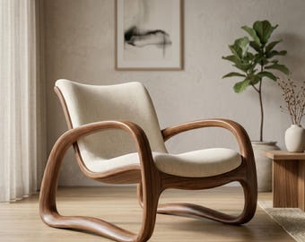 Sillón de salón moderno de mediados de siglo, hecho a mano, de madera curvada, sillón ergonómico de madera de nogal con cojín de lino color crema, silla auxiliar con diseño de curvas orgánicas.