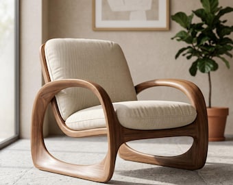 Handmade Mid-Century Modern Bentwood Lounge Chair, Ergonomic Walnut Wood Armchair with Cream Linen Cushion, Organic Curv Design Accent Chair