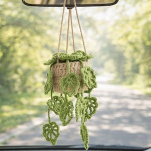 May include: A crocheted hanging plant in a car. The beige plant pot holds green leaves. The plant is suspended from the rearview mirror by a natural rope. The background shows a blurred road and trees.