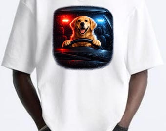 Ontwerp grappige hond rijdende politieauto, meme-shirtafbeelding (digitale download, png-/pdf-bestand)