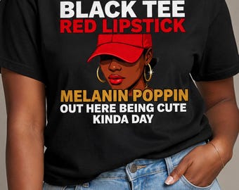 Camiseta negra, lápiz labial rojo, melanina llamativa PNG, diseño Black Girl Magic