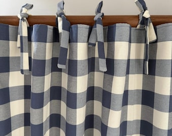 Panel de cortina de algodón natural texturizado a cuadros azules