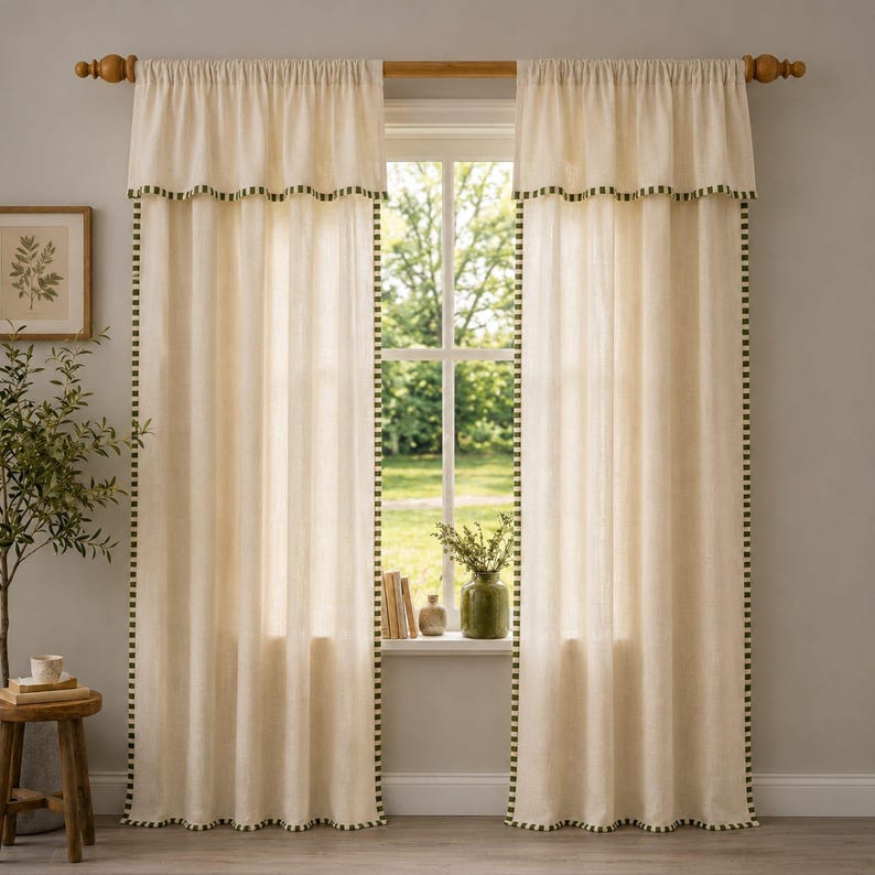100% Washed Linen Curtains With Green Trim, Farmhouse, Cottage Window Treatment