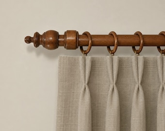 Solid Wood Curtain Rod Set, Medium Walnut Handcrafted Wooden, Rings, Brackets, Custom Size
