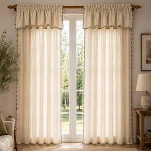 100% Washed Linen Curtains With Green Trim, Farmhouse, Cottage Window Treatment