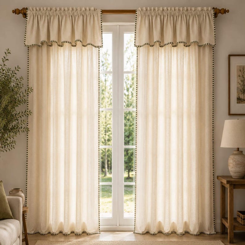 100% Washed Linen Curtains With Green Trim, Farmhouse, Cottage Window Treatment