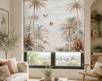 Tropical Palm Tree Roller Blind, Bird Pattern Window Shade, Botanical Floral Design