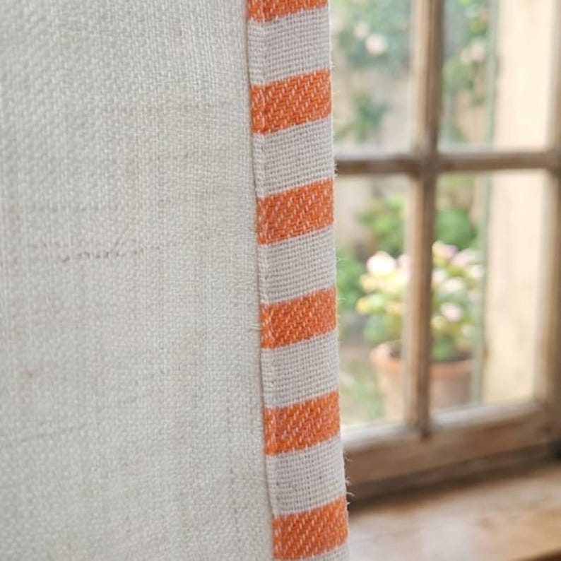 100% Washed Linen Curtains With Green Trim, Farmhouse, Cottage Window Treatment