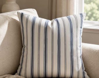 Blue Stripe Cotton Pillow Cover | Farmhouse Coastal Throw Cushion (Hidden Zipper)