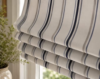 Blue-Striped Cotton Roman Shade, Custom-Made Window Shade, Modern Minimalist Home Decor
