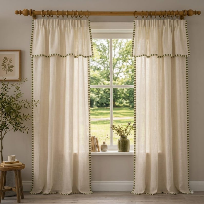 100% Washed Linen Curtains With Green Trim, Farmhouse, Cottage Window Treatment