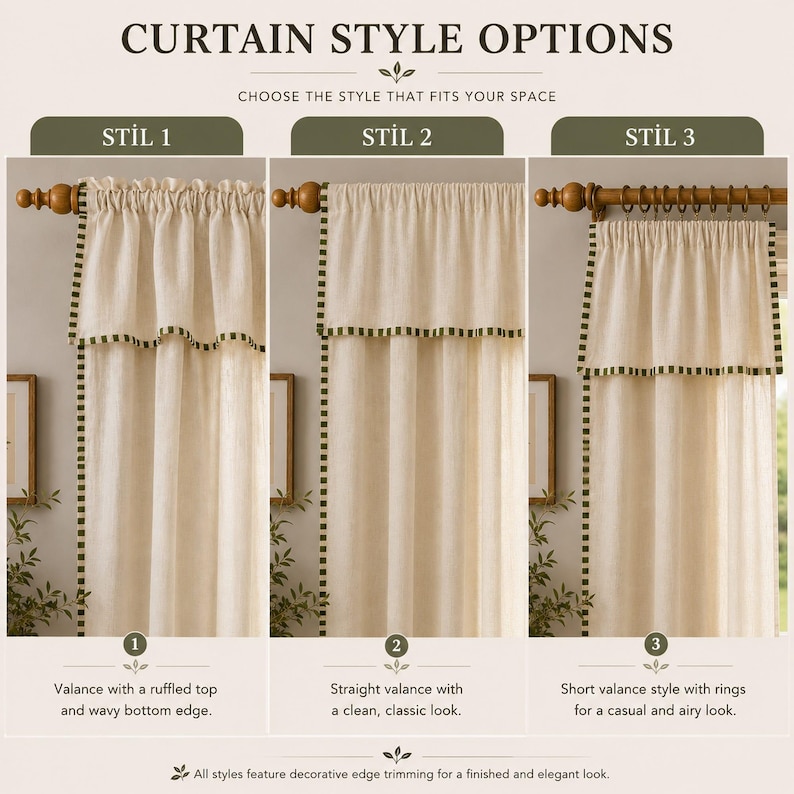 100% Washed Linen Curtains With Green Trim, Farmhouse, Cottage Window Treatment