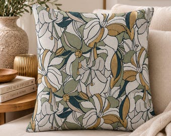 Floral Cotton Linen Pillow Cover | Botanical Farmhouse Cushion Accent