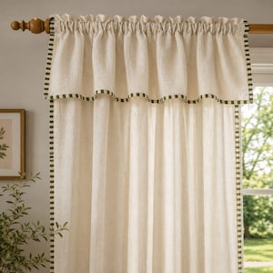 100% Washed Linen Curtains With Green Trim, Farmhouse, Cottage Window Treatment