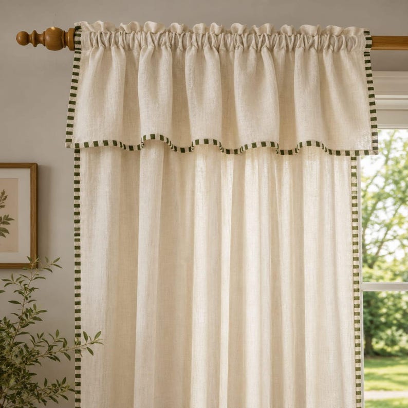 100% Washed Linen Curtains With Green Trim, Farmhouse, Cottage Window Treatment