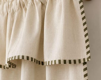 100% Washed Linen Curtains With Green Trim, Farmhouse, Cottage Window Treatment