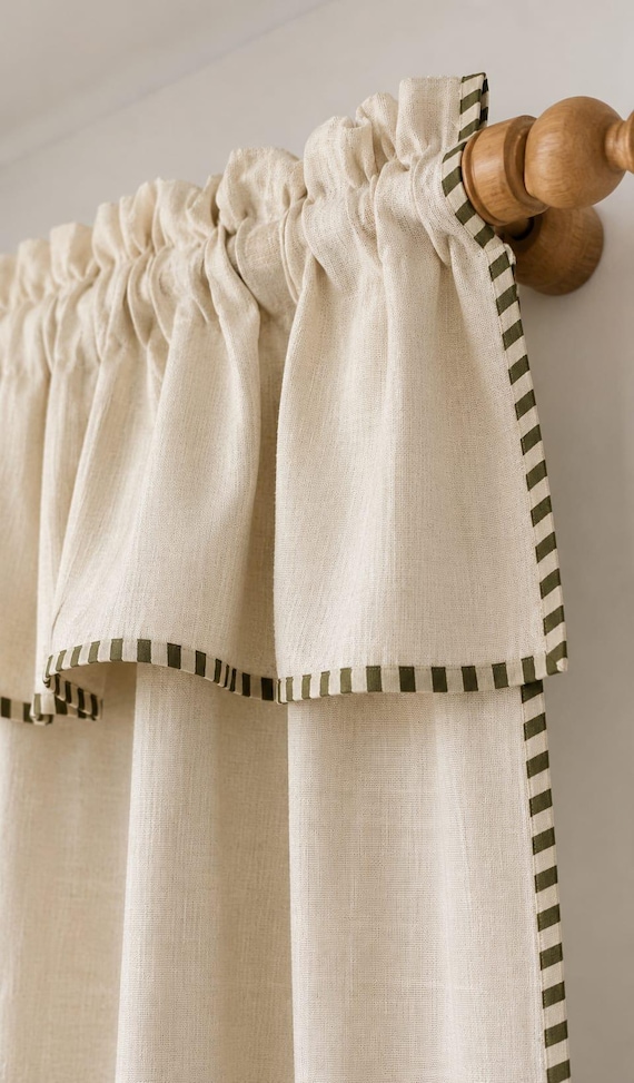 100% Washed Linen Curtains With Green Trim, Farmhouse, Cottage Window Treatment