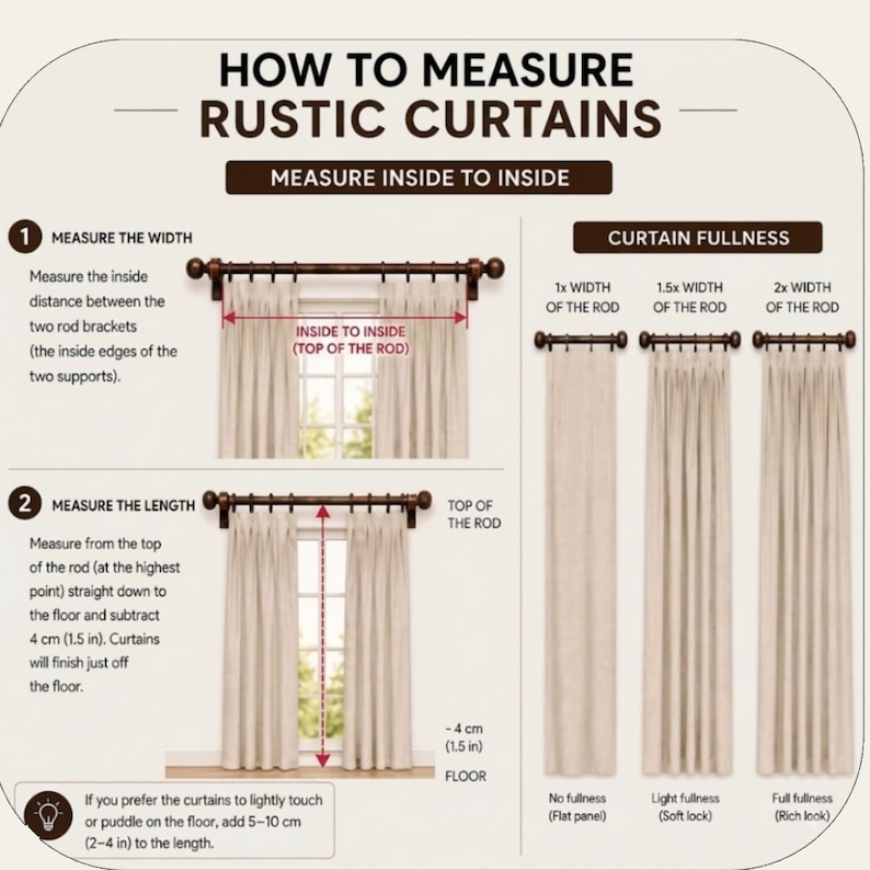 Puede incluir: Una infograf&iacute;a titulada HOW TO MEASURE RUSTIC CURTAINS. Muestra diagramas para medir el ancho entre los soportes de la barra y la longitud desde la parte superior de la barra hasta el suelo, incluyendo notas de medida de 4 cm y 5-10 cm.